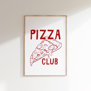 Pizza Club-print, trendy keukendecor, eigenzinnig decor koffiebarwagen, grillige handgetekende etensposter, schattige dinerkunst Italiaans eten poster