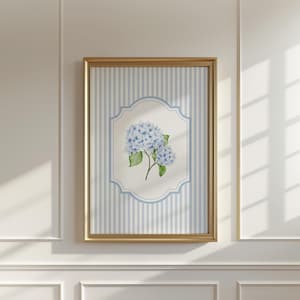 Blue Hydrangea Print, Blue Stripes Cottagecore Poster, Coastal Granddaughter Aesthetic, Vintage Grandmillenial Florals Print, Printable Art