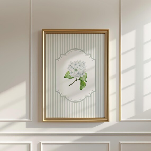 Green Hydrangea Print, Green Striped Cottagecore Poster, Coastal Granddaughter Aesthetic, Vintage Grandmillenial Florals Print, PRINTABLE