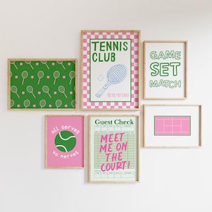 Tennis Prints Set of 6 Preppy Pink and Green Tennis Gallery Wall Art, Trendy Sporty Wall Art Cute Sport Tennis Club Poster, Digital Download