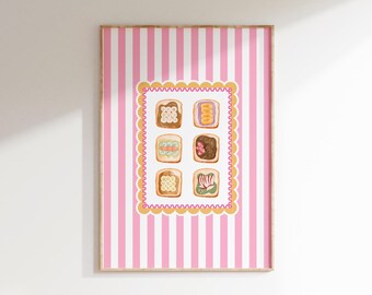 Lámina decorativa de tostada con rayas rosas, arte de pared para desayunos, póster de comida adorable, decoración de cocina moderna, decoración de panadería para comedor, arte imprimible