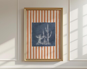 Rustic Orange Cactus Print Denim Patch Southwestern Desert Poster, Vintage Striped Western Wall Art, Retro Wild West Art, Digital Download
