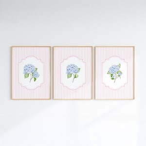 Lot de 3 imprimés d'hortensias roses et bleus, affiche cottagecore rayé, petite-fille côtière, imprimé floral grand-millénaire vintage, imprimable