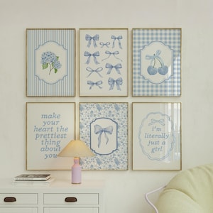 Juego de 6 estampados de lazos azules de moda, decoración de habitación coqueta, arte de pared chinoiserie de hortensias, decoración de dormitorio femenina de estilo preppy costero grandmillenial, imprimible