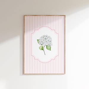 Grüne und rosa Hortensien-Druck, gestreiftes Cottagecore Poster, Küsten Enkelin Wandkunst, Vintage Grandmillenial Blumendruck, DRUCKBAR
