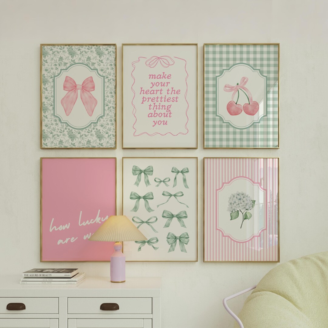 Pink and Sage Green Coquette Room Decor Set of 6: Trendy Bow Hydrangea ...