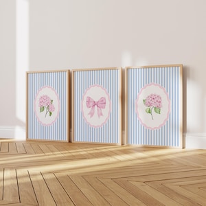 Hydrangea Bow Prints Set of 3 Pink and Blue Striped Southern Floral Wall Art Cottagecore Preppy Grandmillenial Dorm Decor, Digital Download
