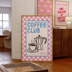 Coffee Club Print, Pink Blue Trendy Kitchen Decor, Retro Coffee Bar Decor, Espresso Poster, Dining Room Wall Art Cafe Decor Digital Download