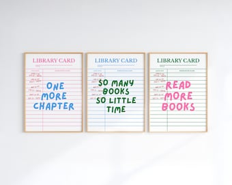 Set of 3 Bookish Prints Library Card Art, Pink Blue Green Book Lover Decor, Book Club Literary Wall Art, Reading Quotes Poster Printable