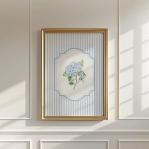 Blue Hydrangea Print, Blue Stripes Cottagecore Poster, Coastal Granddaughter Aesthetic, Vintage Grandmillenial Florals Print, Printable Art