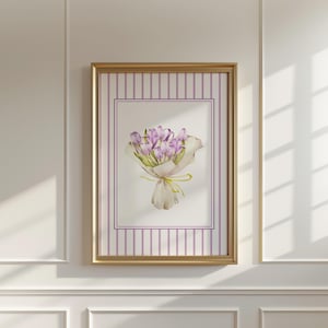 Purple Flower Bouquet Print, Printable Digital Wall Art, Purple Stripes Cottagecore Trendy Coquette, Vintage Grandmillenial Floral Poster