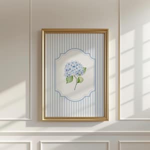 Blue Hydrangea Print, Blue Stripes Cottagecore Poster, Coastal Granddaughter Aesthetic, Vintage Grandmillenial Florals Print, Printable Art