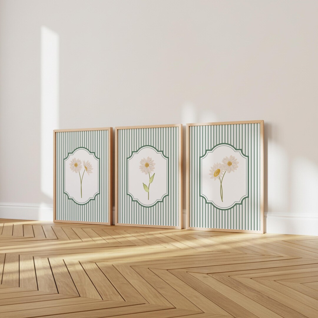 Set of 3 Vintage Daisy Prints: Sage Green Striped Floral Wall Art ...