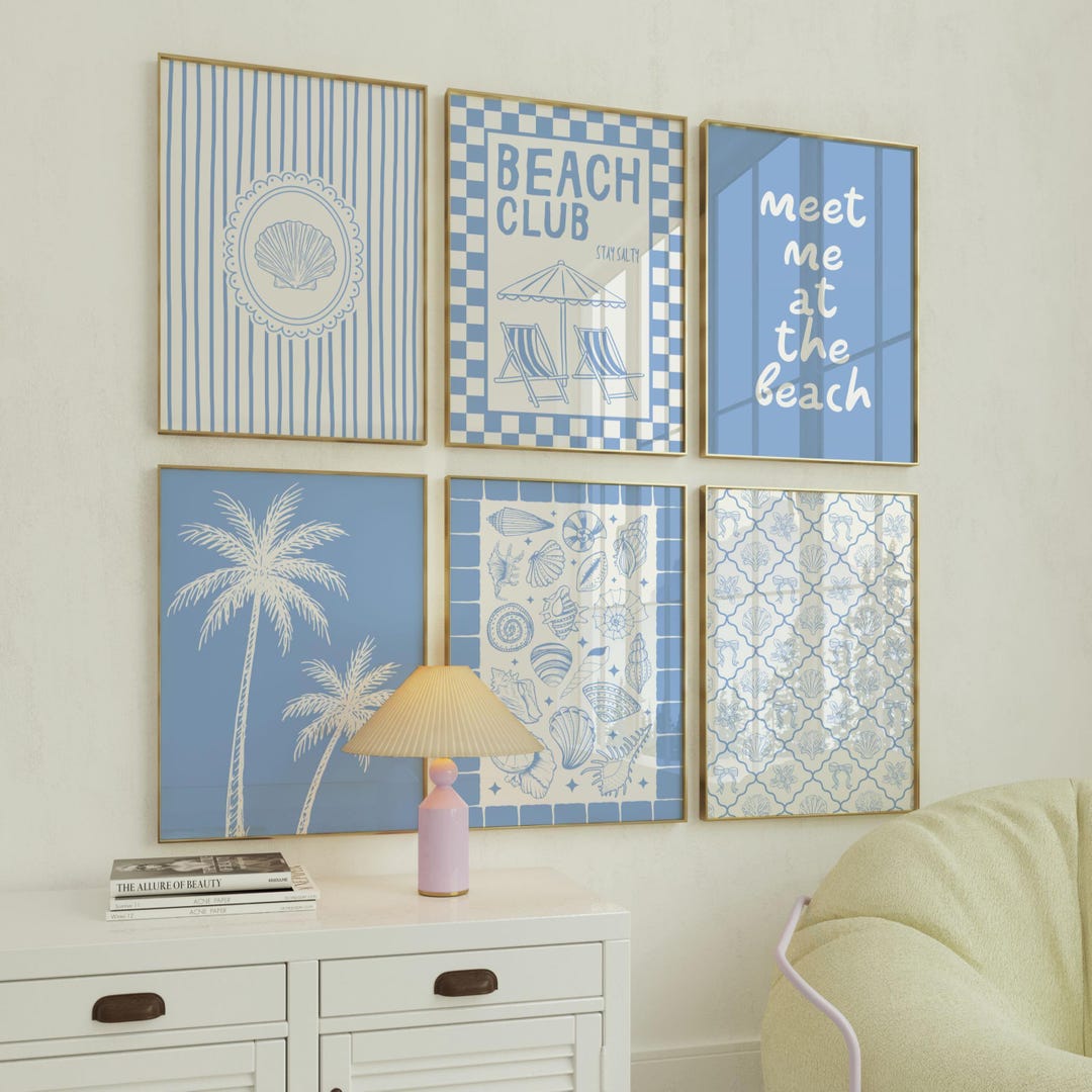 Light Blue Beach Wall Art Set of 6: Trendy Coastal Summer Decor ...