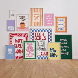 Set van 12 muurdecoraties voor tech-meisjes: kantoordecoratie voor programmeurs, prints voor computernerds (digitale download)