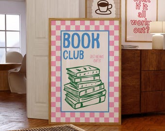 Lámina para club de lectura, arte mural literario de moda, decoración retro rosa, azul y verde para amantes de los libros, arte mural literario, póster de lectura femenino, descarga digital