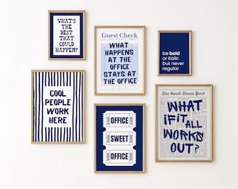 Navy Office Wall Art Set of 6: Modern Retro Cubicle Decor (Digital Download)