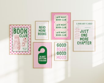 Book Lover Wall Art Set of 6 Pink and Green Bookish Prints Gallery, Literary Wall Art Reading Poster Gift for Book Club Decor, Printable Art