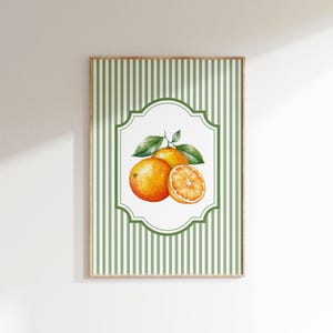 Pomarańczowy nadruk owocowy, nadruk na kuchnię w stylu vintage w stylu wiejskim, wystrój jadalni, sztuka ścienna na targu owocowym, zielony plakat Cottagecore w paski, DO DRUKU