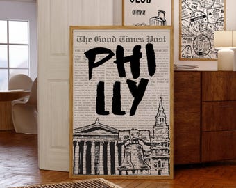 Philly Skyline Zeitungsdruck: Retro Reise - Wandkunst (Digitaler Download)