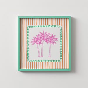 Striped Beach Print, Coastal Wall Art, Trendy Beach House Decor, Summer Beachy Wall Art, Tropical Palm Trees, Square Print, Digital Download