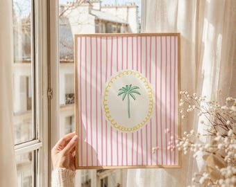 Stampa a righe con spiaggia, stampa murale costiera pastello, arredamento trendy per la casa sulla spiaggia, stampa murale preppy in stile spiaggia, poster carino con oceano estivo, download digitale
