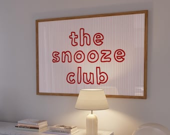 The Snooze Club Print, Red and Pink Stripes Bedroom Wall Art, Cute Quote Typography Poster, Trendy Dorm Room Apartment Decor, PRINTABLE ART