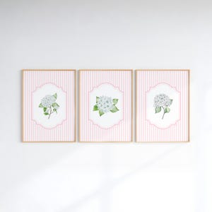 Set of 3 Pink and Green Hydrangea Print, Striped Cottagecore Poster Granddaughter Aesthetic, Vintage Grandmillenial Florals Print, PRINTABLE
