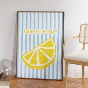 Citroen print knijp de dag kunst aan de muur, schattige citrus zomer kunst aan de muur, trendy keuken decor, eetkamer decor, gestreept fruit poster, AFDRUKBAAR