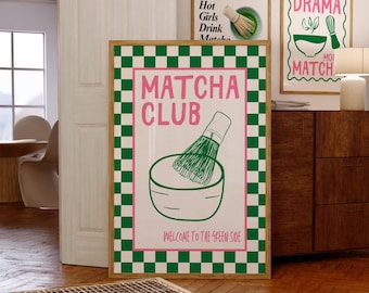 Matcha Club-tryck: Rosa grön trendig köksdekor (digital nedladdning)