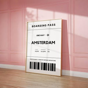 Arte mural de Ámsterdam de ida, impresión de tarjeta de embarque, póster de ubicación, impresiones de pósteres de viaje, decoración moderna para dormitorios, arte mural urbano, IMPRIMIBLE