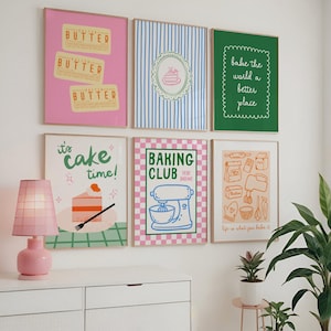 May include: A set of six framed wall art prints featuring baking themes. Designs include butter labels on pink, a cake in a scalloped frame, text reading bake the world a better place, a cake slice, a baking club mixer, and kitchen tools with text.