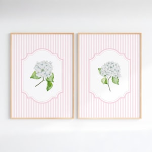 Juego de 2 impresiones de hortensias rosas y verdes, póster de rayas estilo cottagecore con estética de nieta, impresión floral vintage de la abuela milenaria, IMPRIMIBLE