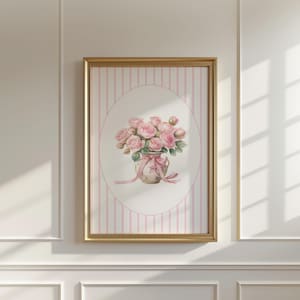 Estampado de lazo en jarrón de flores rosas, arte de pared digital imprimible, rayas rosas, estilo cottagecore, moderno, coqueto, femenino, póster floral vintage grandmillenial