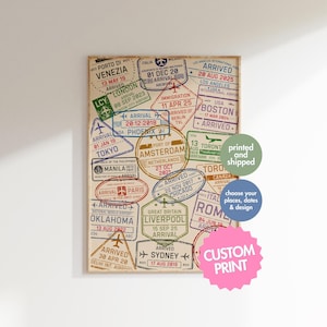 May include: A rectangular wall art print featuring a collage of colorful international travel passport stamps from cities like Venice, London, Tokyo, Paris, and Sydney, with various arrival dates and airport names printed in red, blue, green, and black ink.