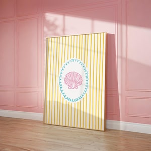 Striped Seashell Print, Preppy Beach Wall Art, Trendy Beach House Decor, Pastel Coastal Wall Art, Cute Summer Ocean Poster Digital Download