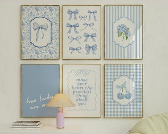 Trendy Blue Bows Print Set of 6 Coquette Room Decor Hydrangea Chinoiserie Wall Art, Preppy Coastal Grandmillenial Girly Dorm Decor PRINTABLE