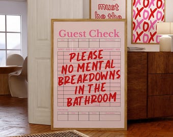 Lustige Badezimmer Print, Retro Gast Check Wandkunst, rot rosa Badezimmer Dekor, über Toilette Dekor, lustiges Zitat Restroom Poster Digitaler Download