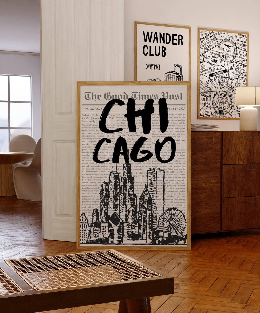 Chicago Skyline Newspaper Print: Retro Travel Wall Art (digital ...