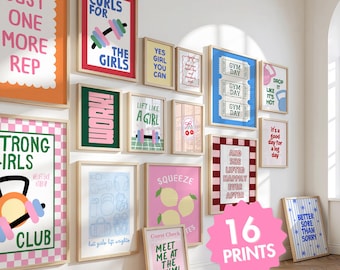 Set of 16 Girly Gym Wall Art: Motivational Fitness Posters, Home Gym Decor (Digital Download)