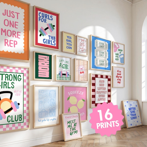 Set of 16 Girly Gym Wall Art: Motivational Fitness Posters, Home Gym Decor (Digital Download)