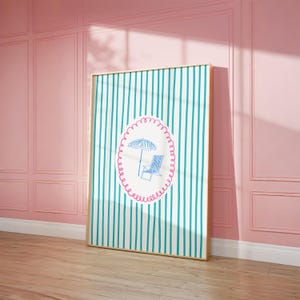 Striped Beach Print, Pastel Coastal Wall Art, Trendy Beach House Decor, Preppy Beachy Wall Art, Cute Summer Ocean Poster, Digital Download