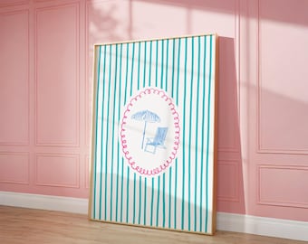 Stampa a righe con spiaggia, stampa murale costiera pastello, arredamento trendy per la casa sulla spiaggia, stampa murale preppy in stile spiaggia, poster carino con oceano estivo, download digitale