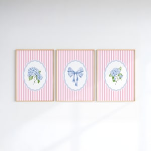 Hydrangea Bow Prints Set of 3 Pink and Blue Striped Southern Floral Wall Art Cottagecore Preppy Grandmillenial Dorm Decor, Digital Download