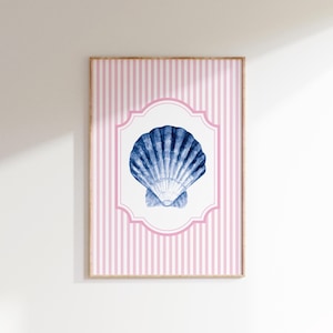Pink and Blue Striped Seashell Print, Beach Summer Poster, Trendy Beach House Decor, California Coastal Granddaughter Art, Digital Download