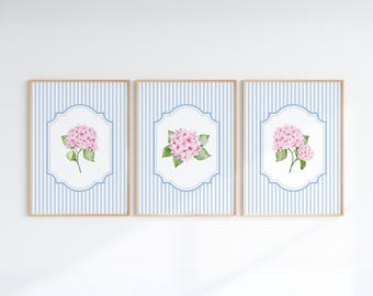 Set di 3 stampe di ortensie rosa e blu, poster a righe in stile cottagecore, arte costiera per nipote, stampa vintage con fiori Grandmillennial, STAMPABILE