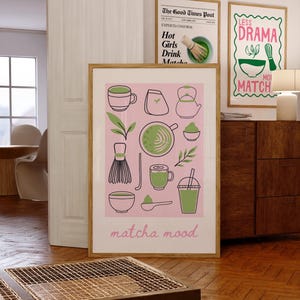 Matcha Mood-tryck: Rosa grön trendig köksdekor (digital nedladdning)