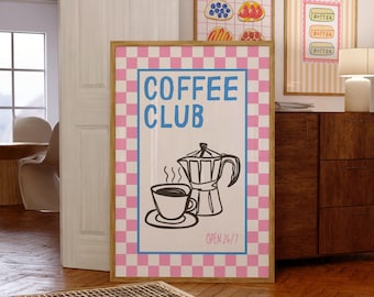 Coffee Club Print, Pink Blue Trendy Kitchen Decor, Retro Coffee Bar Decor, Espresso Poster, Dining Room Wall Art Cafe Decor Digital Download