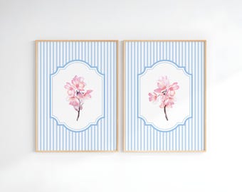 Cherry Blossom Prints Set of 2: Pink and Blue Striped Floral Wall Art, Girly Bedroom Decor (Digital Download)