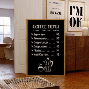 Impressão de cardápio de café, arte de parede para impressão, decoração de carrinho de café com lousa, pôster de comida expresso, arte de parede moderna e descolada com dopamina para cozinha
